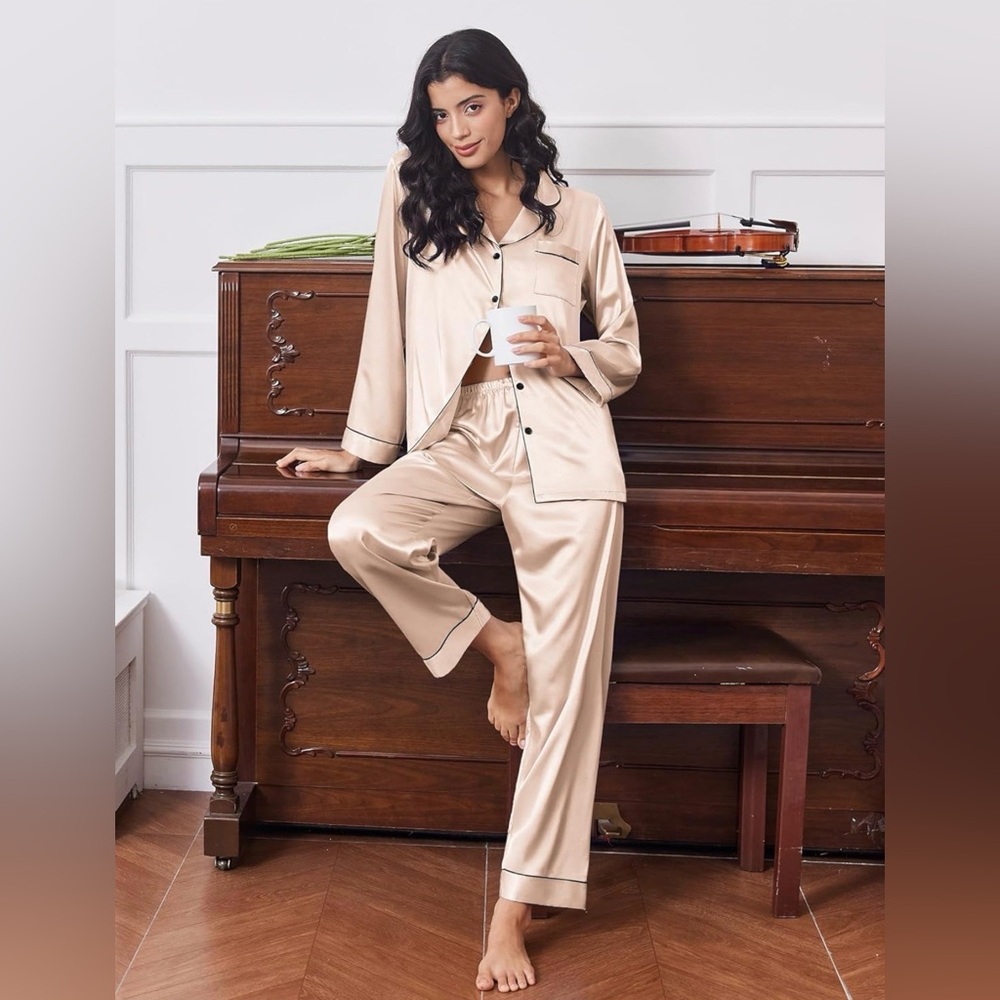 Champagne Women's Classic Button Down Long Pajama Set - Picture 4 of 8